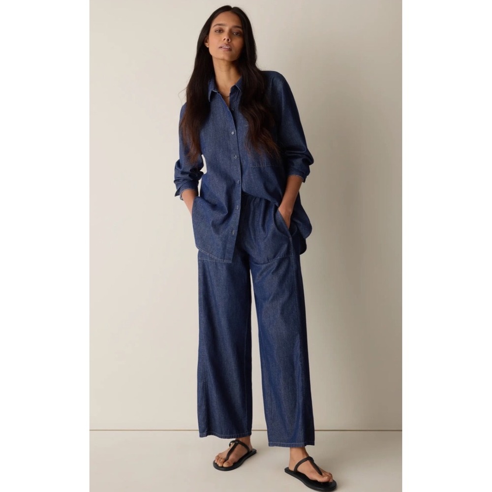 Eileen Fisher Organic Cotton Denim Wide Leg Ankle Pants Dark Indigo Petite Small